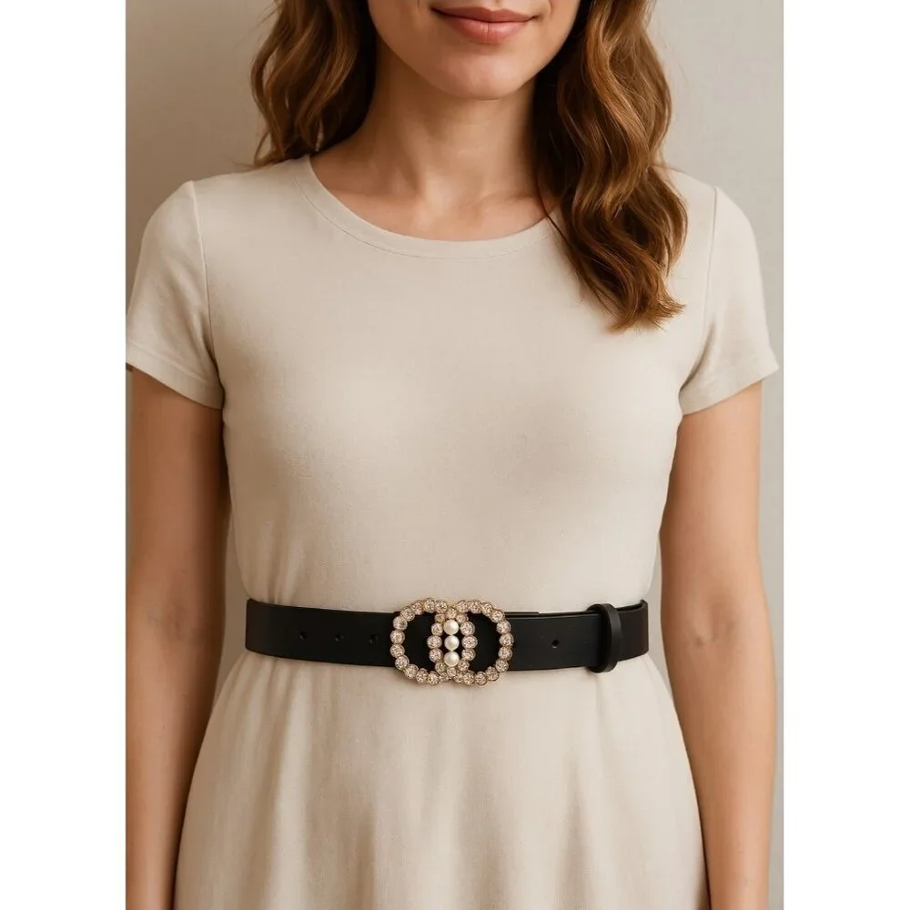 Primark Waist Belt with Pearl Rhinestone Buckle |Elegant Retro Glam Accessory S